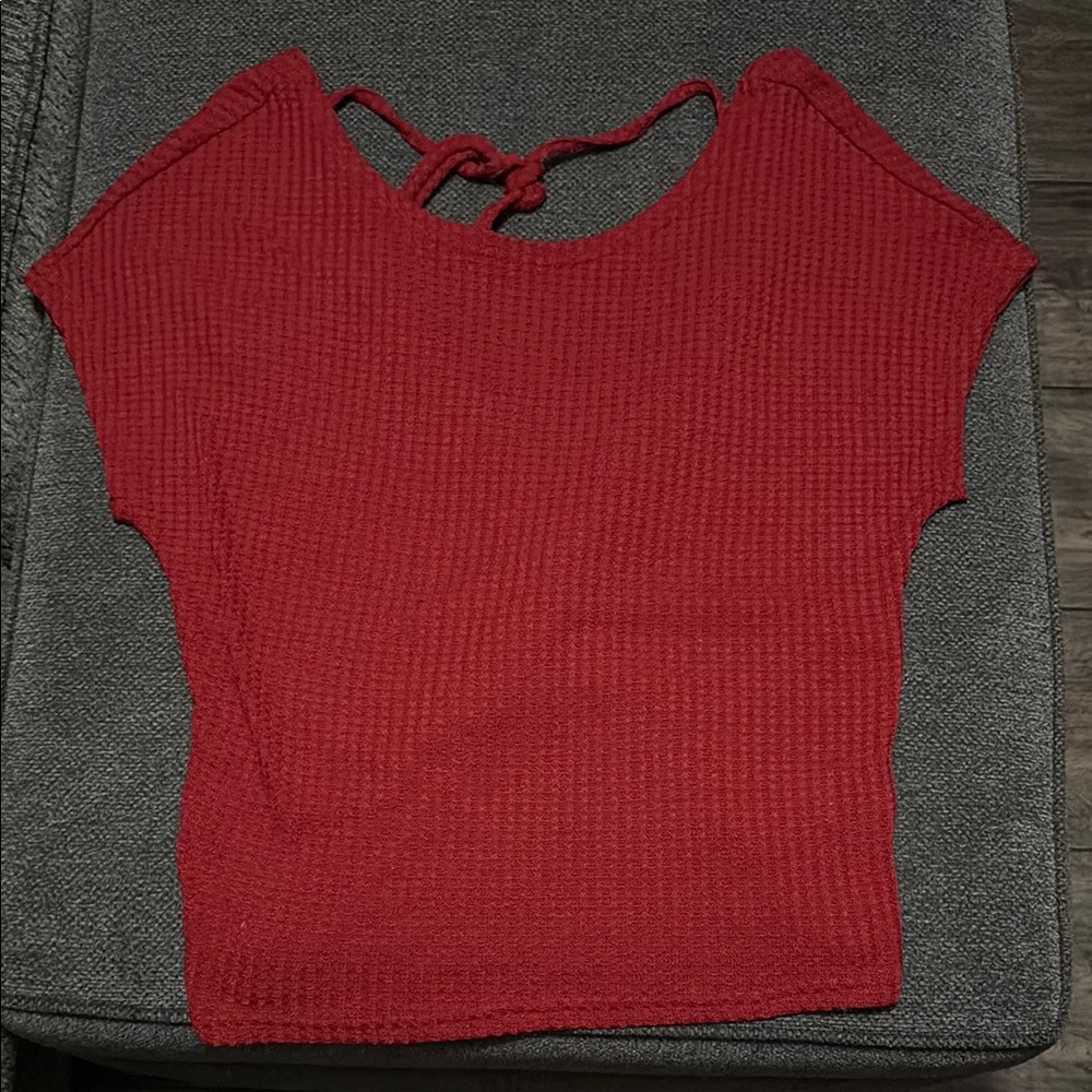 SHEIN Red Ribbed Tie Front Blouse